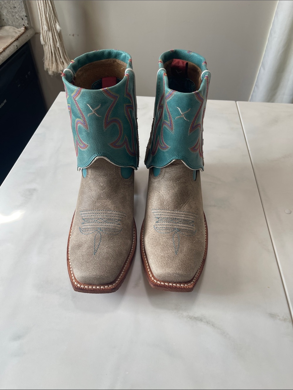 Twisted X Two-Tone Western Ankle Boots in Turquoise and Taupe